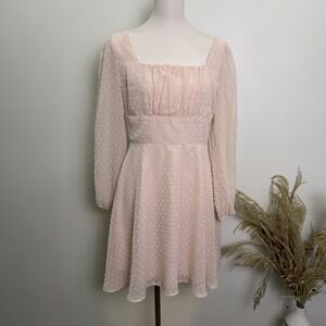 Lyaner Blush Pink Swiss Dot Mini Dress Medium Square Neck Long Sleeve